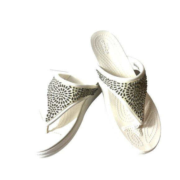 Crocs Dual Comfort Sandals Women's Sz 10 White Embellished Casual Thong Platform - Picture 2 of 8